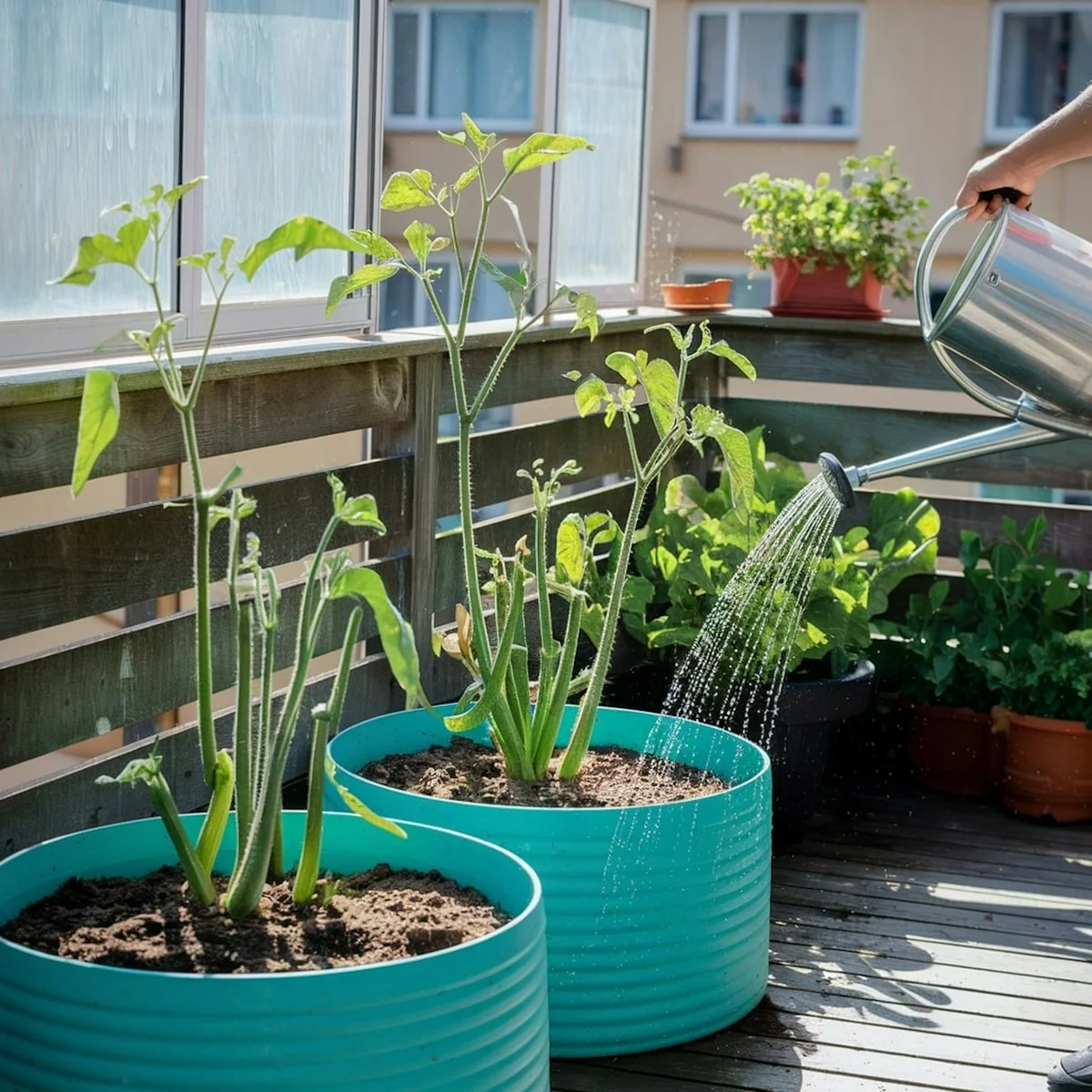 Macetas con plantas verdes en balcón urbano de Ciudad de México