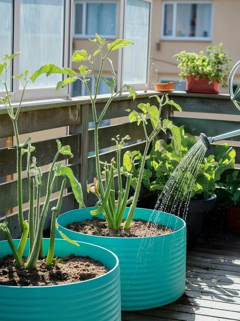 Persona regando plantas en macetas de un balcón urbano